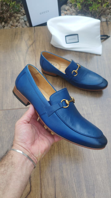 Gucci blue Horsebit old gold
